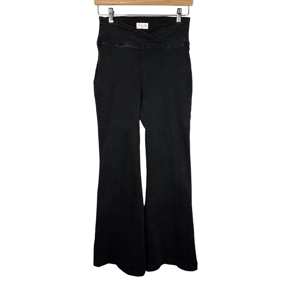 Pink Lily Black Crossover Waist Stretchy Flare Jeans